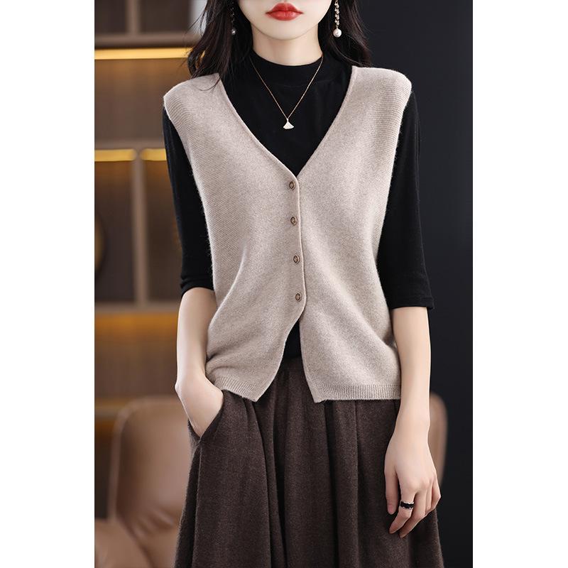 Women's V-Neck Wool Vest, Sleeveless Cardigan Sweater for Spring and Autumn
