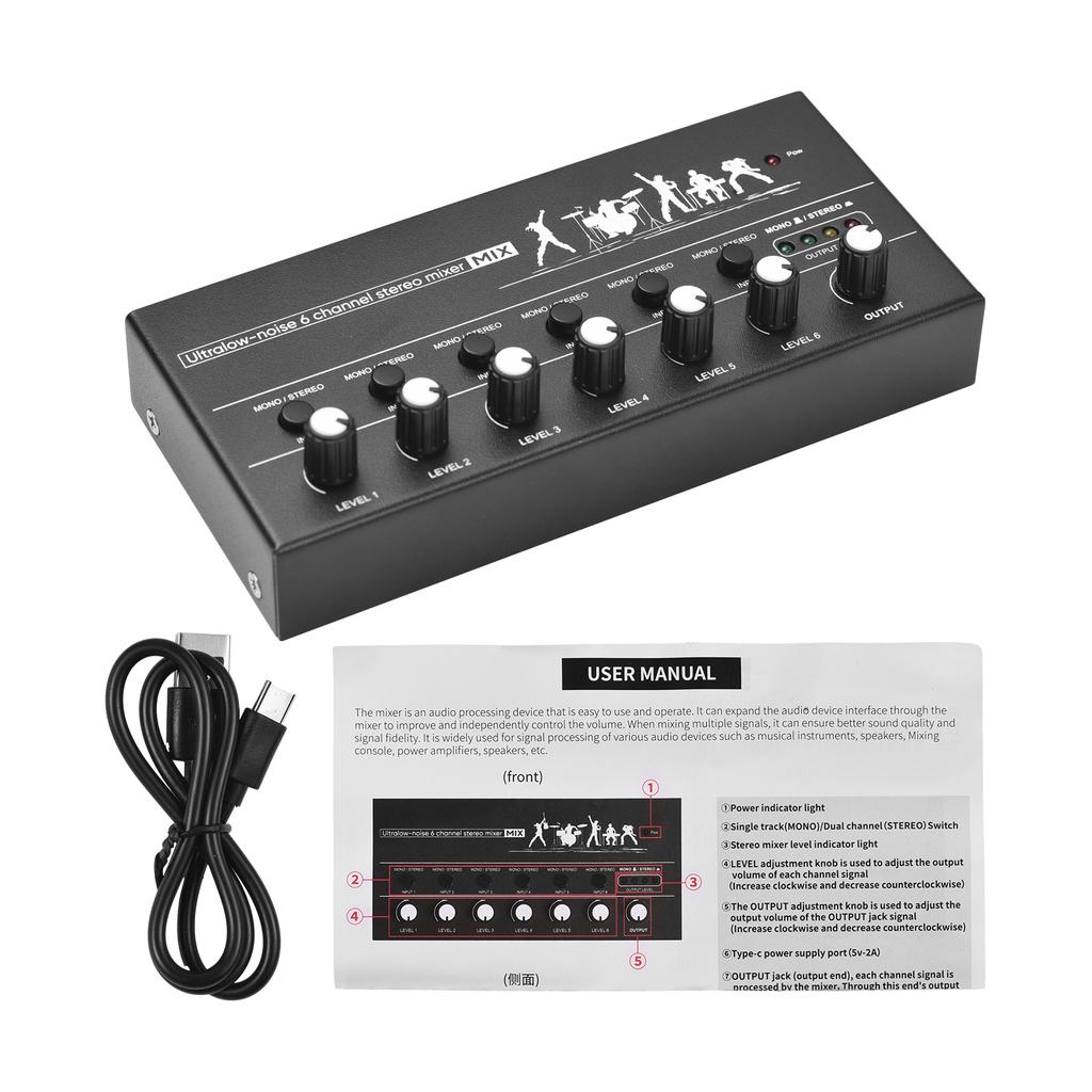 6 Channel Audio Mixer Stereo Line Mixer Metal Shell USB Type C Power Supply for Guitar Bass Keyboard Stage 6.35mm Mono