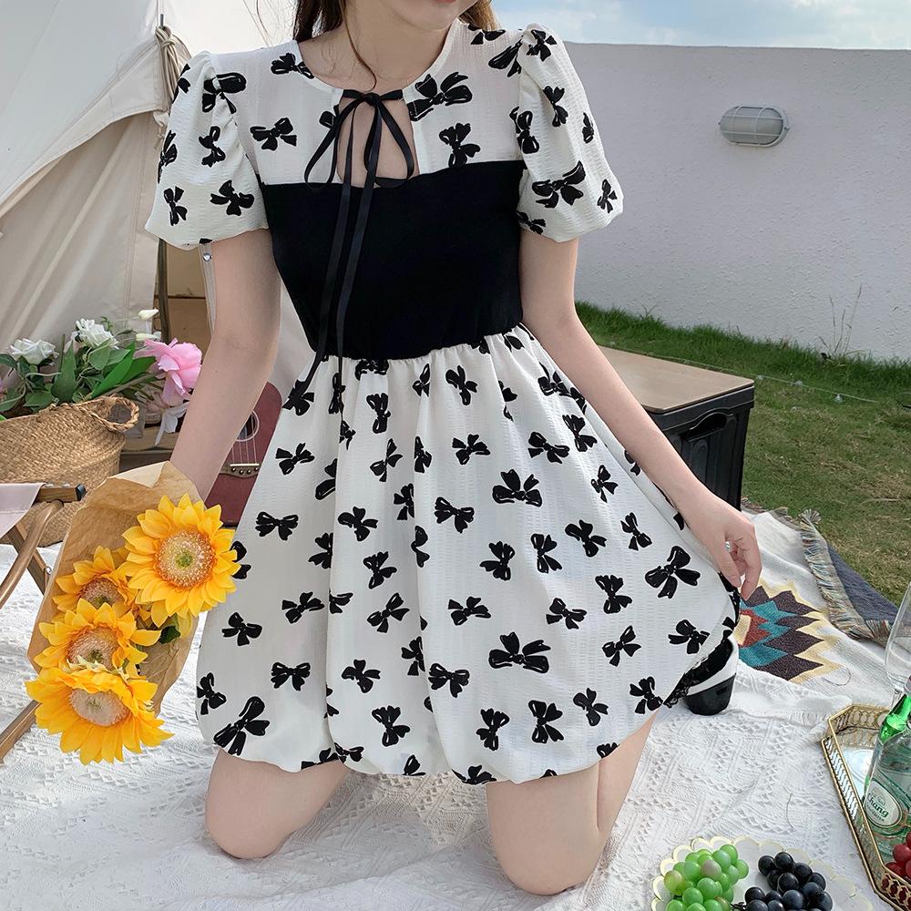 Modische Damenbekleidung, Sommer Schlankmachender Neuer Stil, Einfaches Kontrastdruck Schleife Taillenkleid für Damen