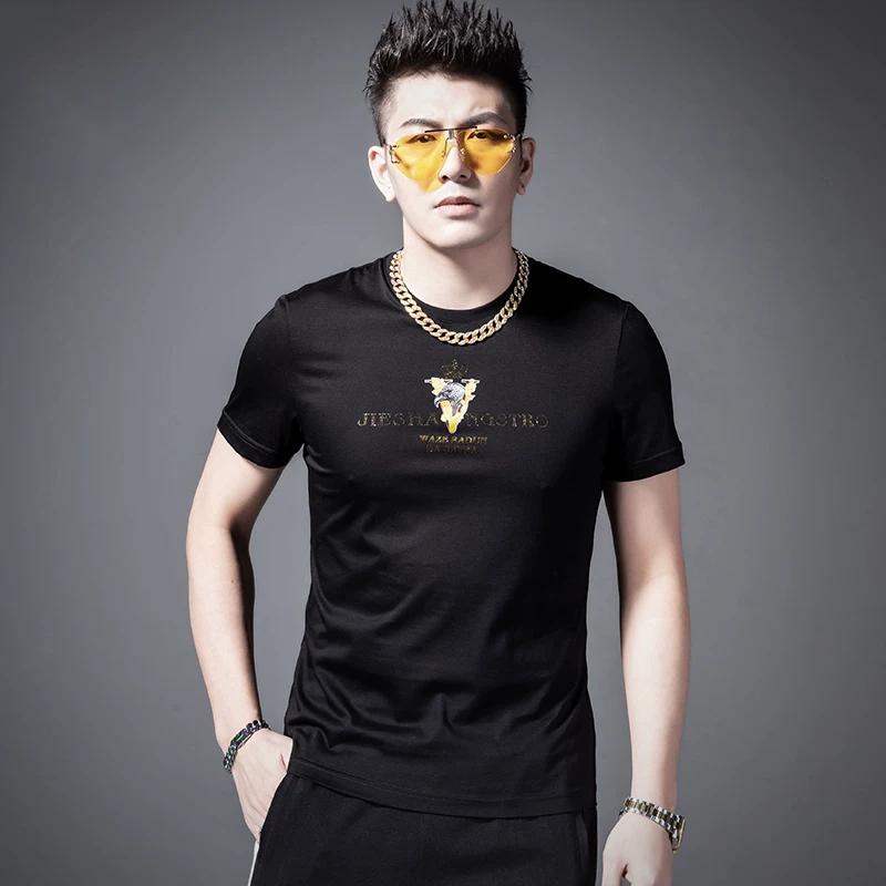 Europäischer Stil Leichter Luxus Strass T-Shirt für Herren, 2025 Neu Sommer Trendig Kurzarm Slim Fit Modemarke Herren Kurzarmhemd