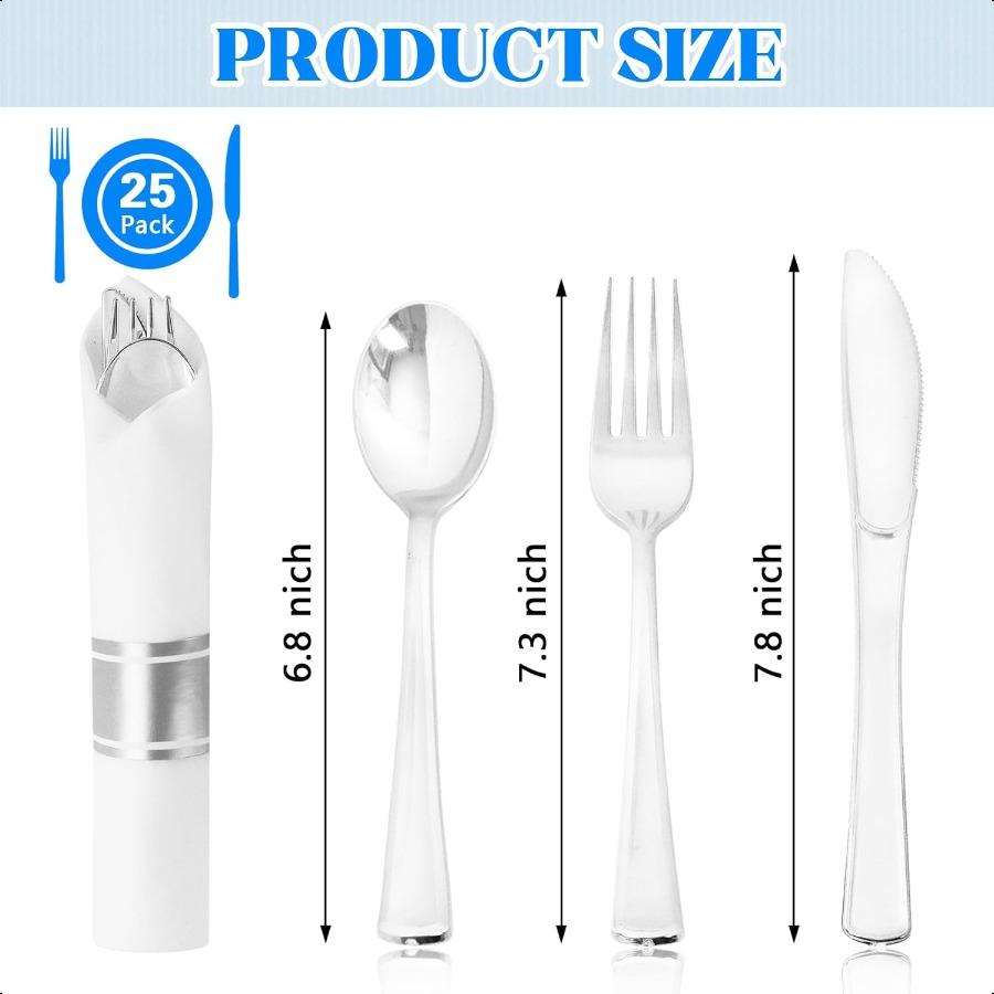 25 Pack Pre Rolled Silver Plastic Silverware Wrapped Cutlery Set Include Forks Spoons Knives and Napkins Disposable Heavy Duty