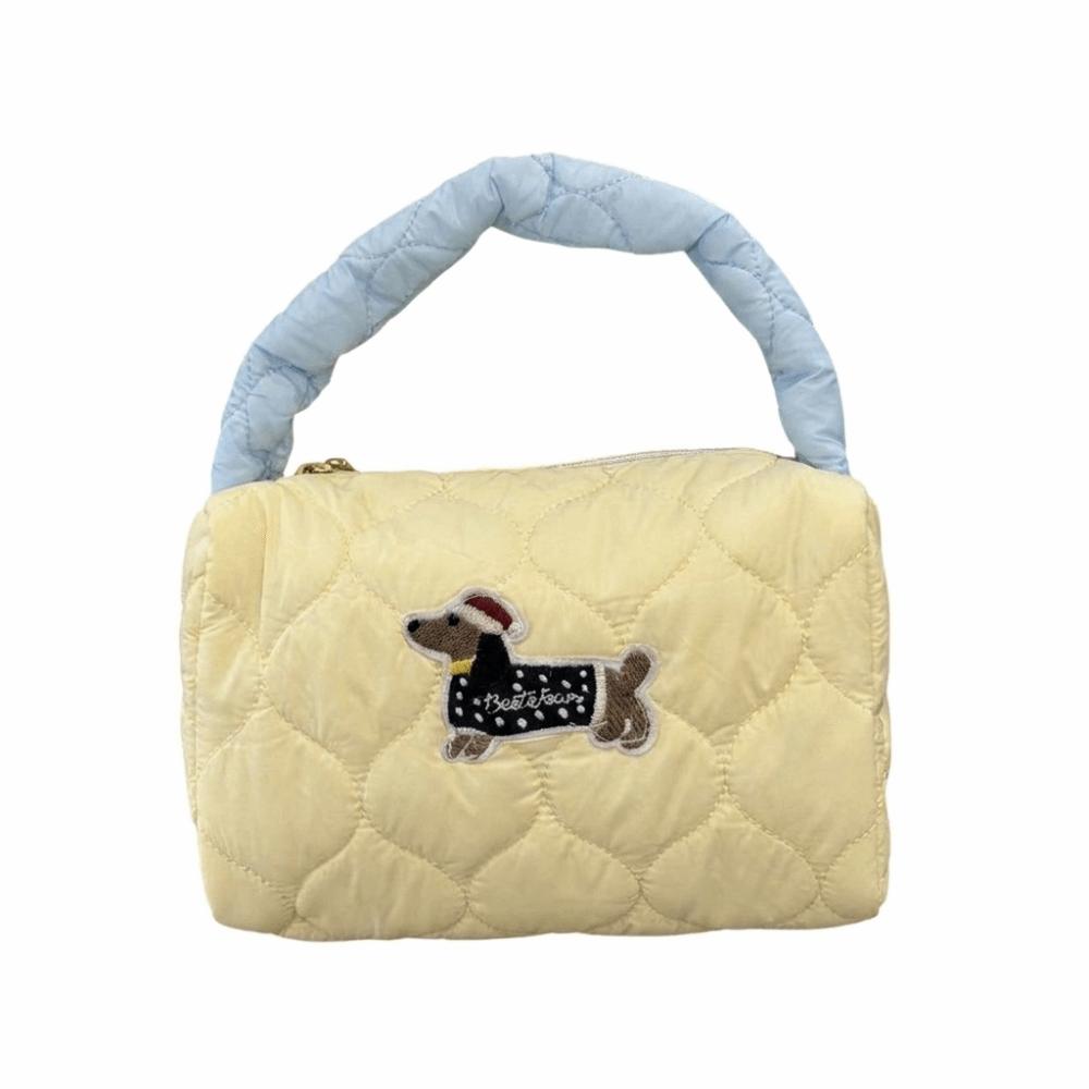 Quilted Handbag Portable Tote Bag Down Handbag Lunch Bag Women B Yellow&dog