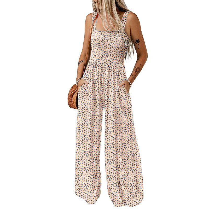 

American Shiying Stylish Smocking Suspender Jumpsuit Women 2025 Summer New Arrival Florals High Waist Loose Pants Women Khaki Size M fit (55.00 kg-62.50 kg
