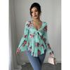 Fashion Square Collar Sweet Flower Printed Women Blouse Blending Tie Long Sleeved Shirt Ladies Loose Irregular Tops Elegant Slim Fit Casual Clothing