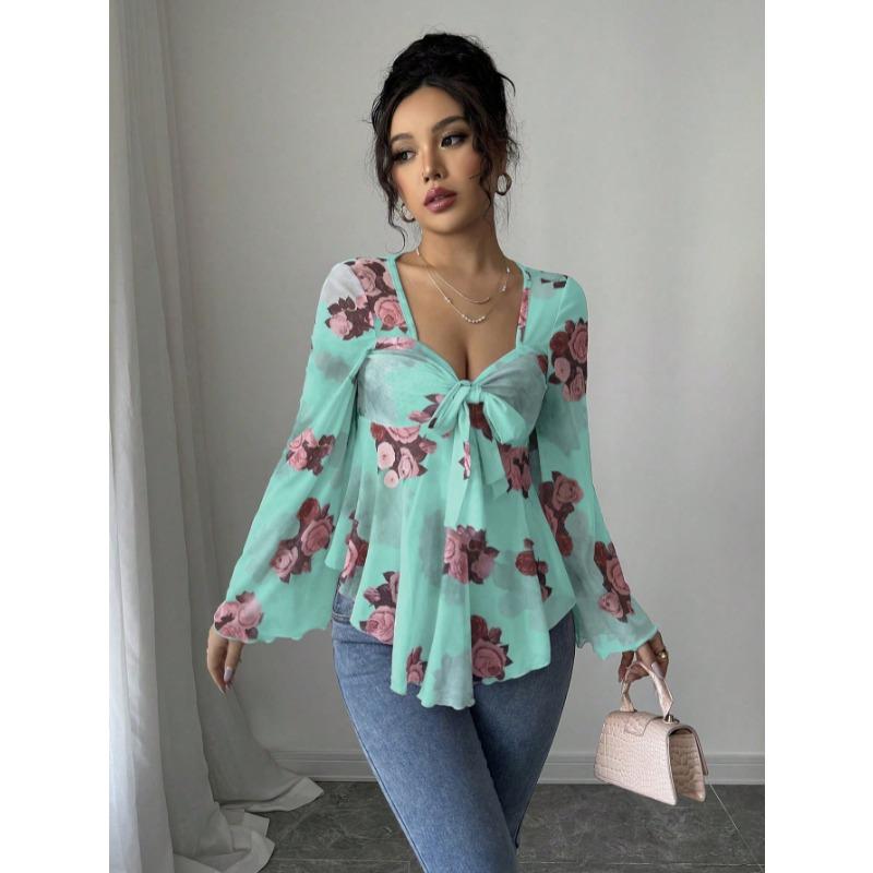 Fashion Square Collar Sweet Flower Printed Women Blouse Blending Tie Long Sleeved Shirt Ladies Loose Irregular Tops Elegant Slim Fit Casual Clothing
