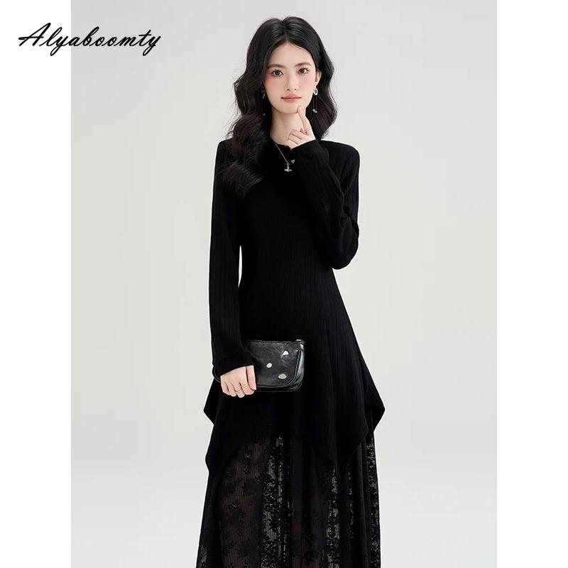 French Style Autumn Winter Women Maxi Long Dress Brief O Neck Knitting Lace Patchwork Dress Thick Warm Knitted Ruffles Feminine Dress