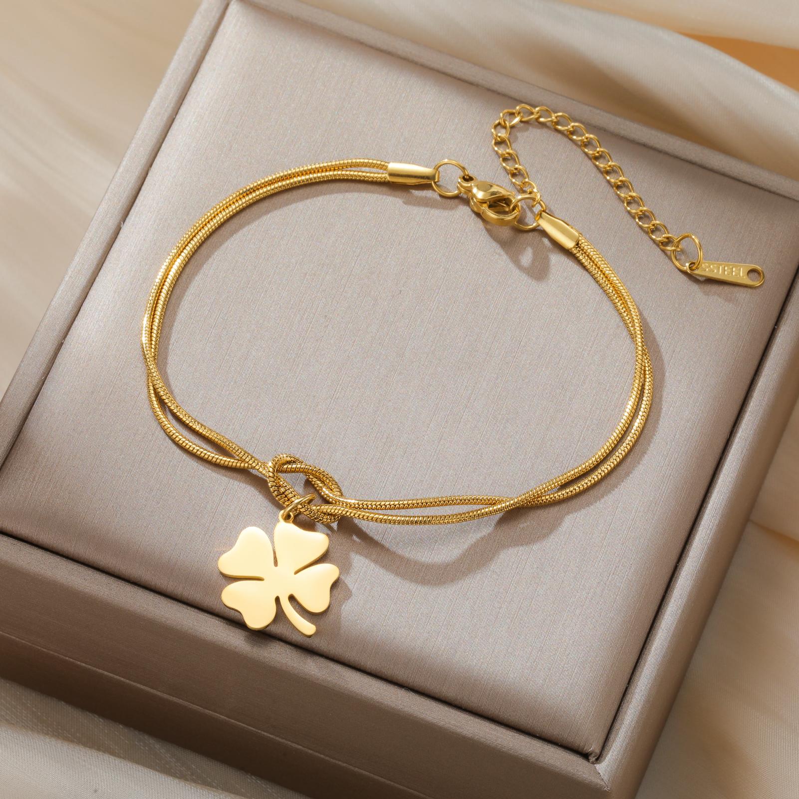 Браслет-шарм Четырехлистник Нержавеющая сталь Женский Узел Любви Змеиная Цепь Браслеты Счастливые Модные Украшения Подарок на Дружбу 17-22cm