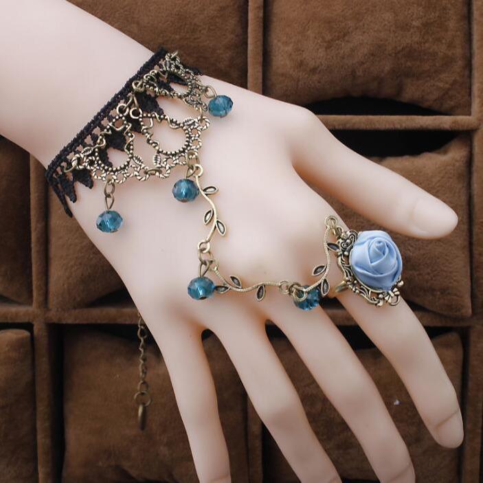 Retro Lace & Crystal Lolita Bracelet-Ring Chain