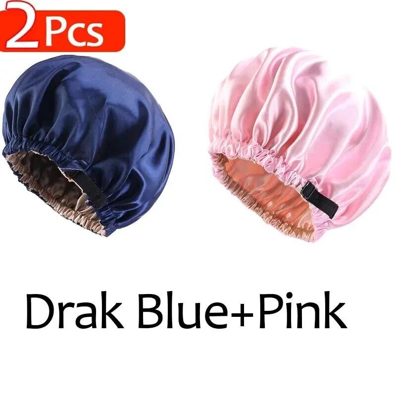 

2pcs Double layered polyester nightcap for women, fashionable and versatile hair care cap, button adjustable shower cap