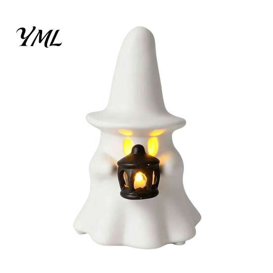 Seasonal Home Ornament Halloween Glowing Ghost Figurine, LED Light Up Ghost, Farmhouse Tabletop Decor Rustic Autumn Accents for Tiered Tray