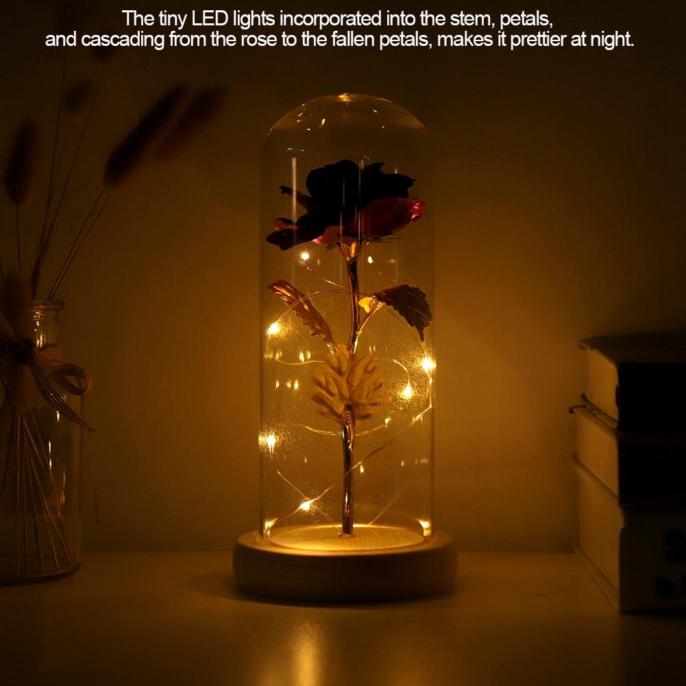 Konservierte Rosenblume LED-Licht mit Glaskuppel & Holzsockel Valentinstag Hochzeitsgeschenk