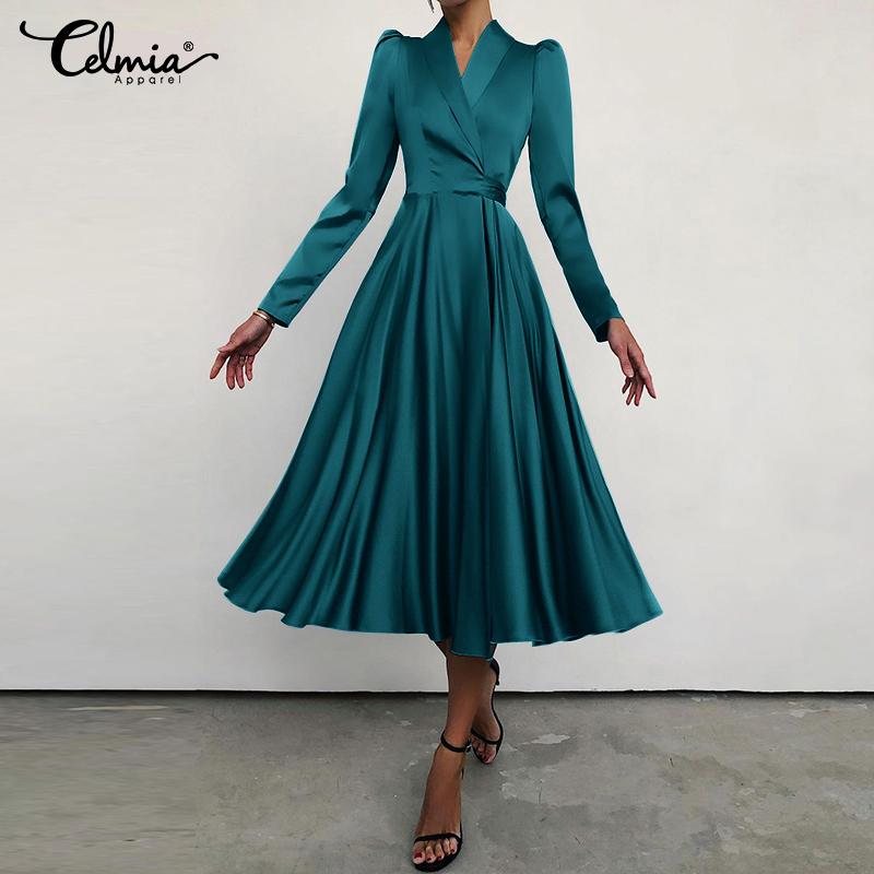 Celmia Spring Moda Donna Swing Silk Party Maxi Abiti Stretti Manica Lunga  Scollo Alto Vita a Tinta Unita OL Abiti Lunghi Sciolti Plus Size Kleid  acquista in modo economico — spedizione gratuita,