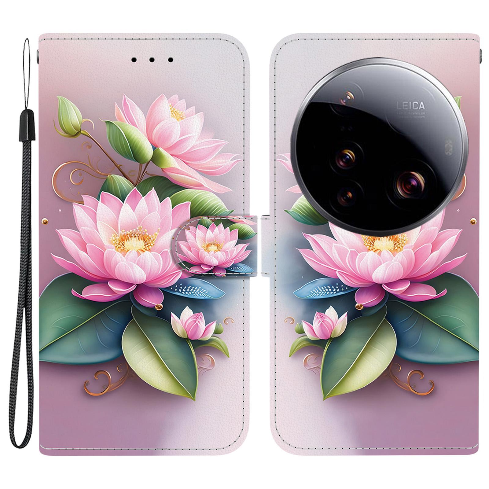 

For Xiaomi 15 Ultra Case Pattern Printing Anti-Drop Leather Flip Wallet Phone Cover with Lanyard Lotus