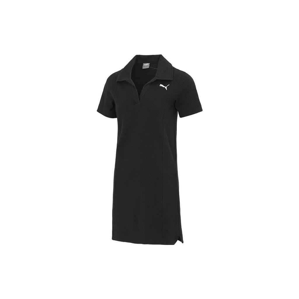 Puma Solid Color Casual Oversized Minimalist Knit Polo Short Sleeve Dress Women's Black