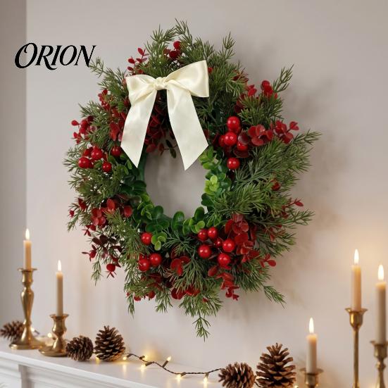 Weatherproof Winter Wreath for Porch Christmas with Red Berries Eucalyptus Pinecones, Artificial Front Door Natural Look Greenery Hanging Garland