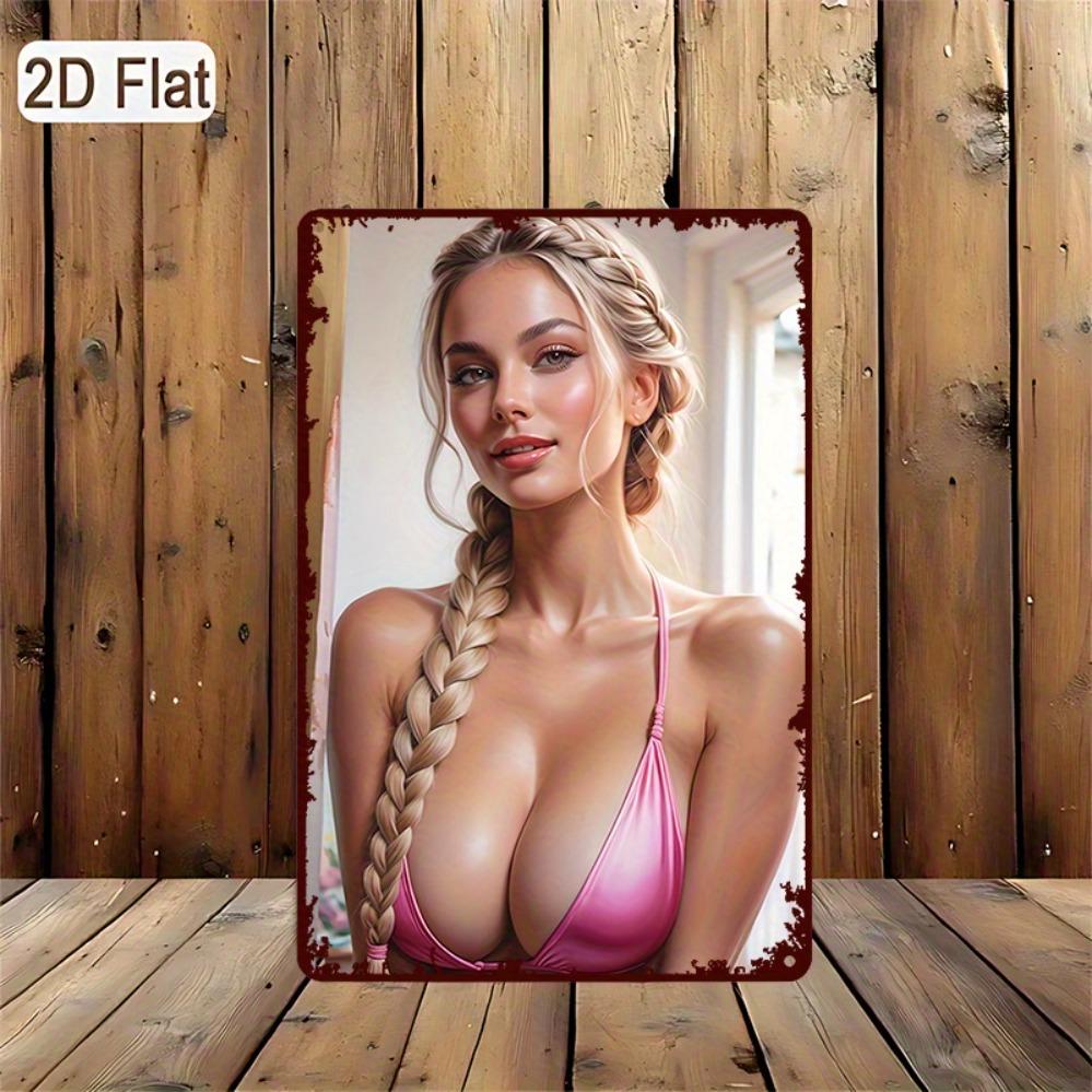 Vintage Metal Tin Sign Women Bikini Illustration Art 8x12 Inch Pre-Drilled Easy Hanging Decor for Kitchen Bar Outdoor Room Corri