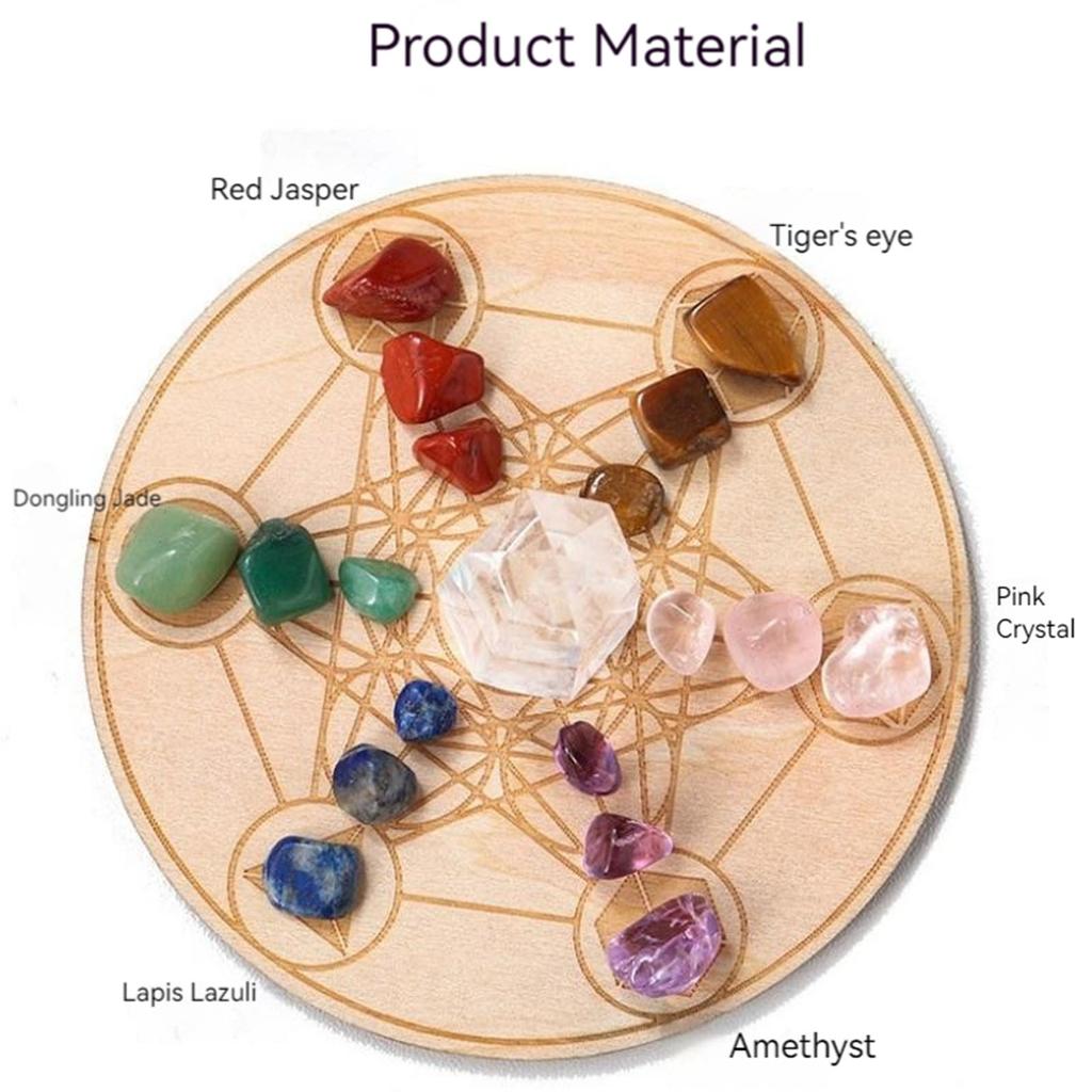 Crystal Desk Display Ornament with Wooden Plate Mineral Degaussing Mixed Stone Crystal Stone Chips Set for Spiritual Meditate