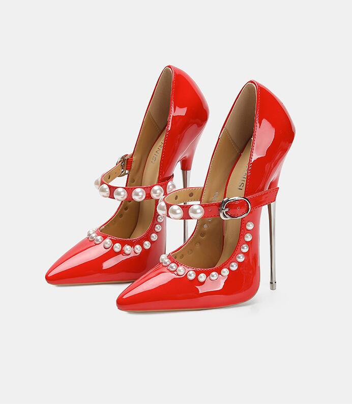 

New 16cm Extreme High Heels Stilettos Pumps Pearl Belt Buckle Ankle Strap Fetish Gay Stage Performance Shoes Size 46 35 червоний