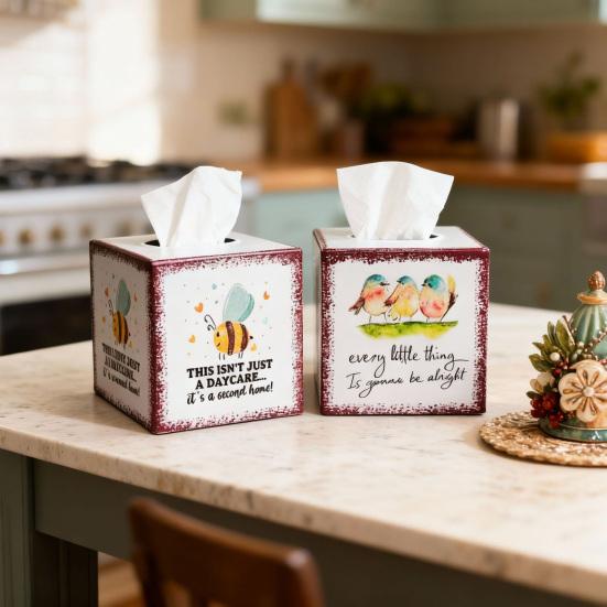 Cute Watercolor Animal Art Organizer Iron Square Tissue Box, Bee And Bird Print Decorative Storage for Cafe Breakfast Holder, Pastoral