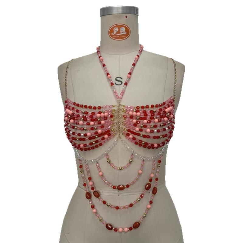 Elegant Red Beaded Body Chain For Women Stylish Statement Jewelry Accessory Perfect For Parties And Weddings