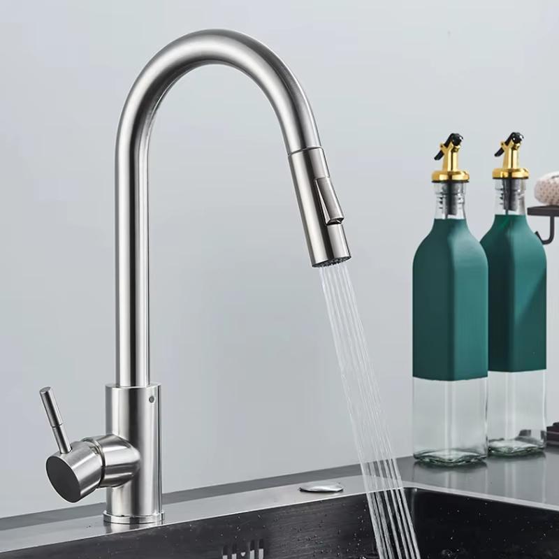 Modern Kitchen Faucet, 360° Rotating + Dual Spray Modes, 304 Stainless Steel, Brushed Finish, Black/silver Accessories.