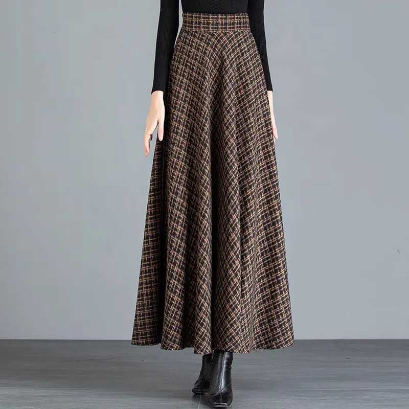 Skirt for Women Plaid Casual Elastic High Waist Long Loose Thickened Stretchy Slim Skirt