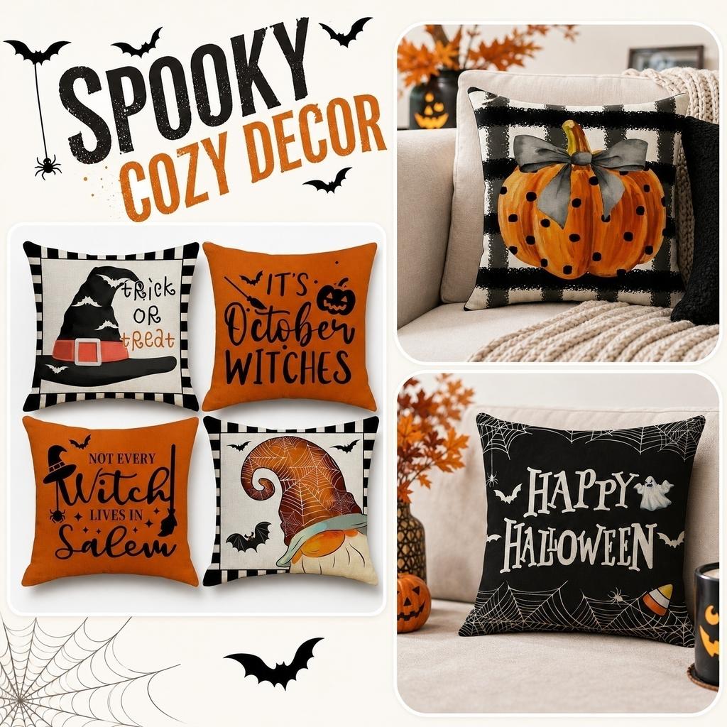4PCS Halloween Pillow Covers Set Decorative Sofa Cushion Covers Skull Bat Skeleton Print Square Pillowcases 45x45cm Without Insert
