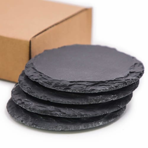 TOSSOW Natural Stone Slate Coasters, Handmade, Heat-Resistant, Insulated, Quick-Drying, Non-Slip, Set of 4, Stylish Tea Trays, Ins Style, Black, Round