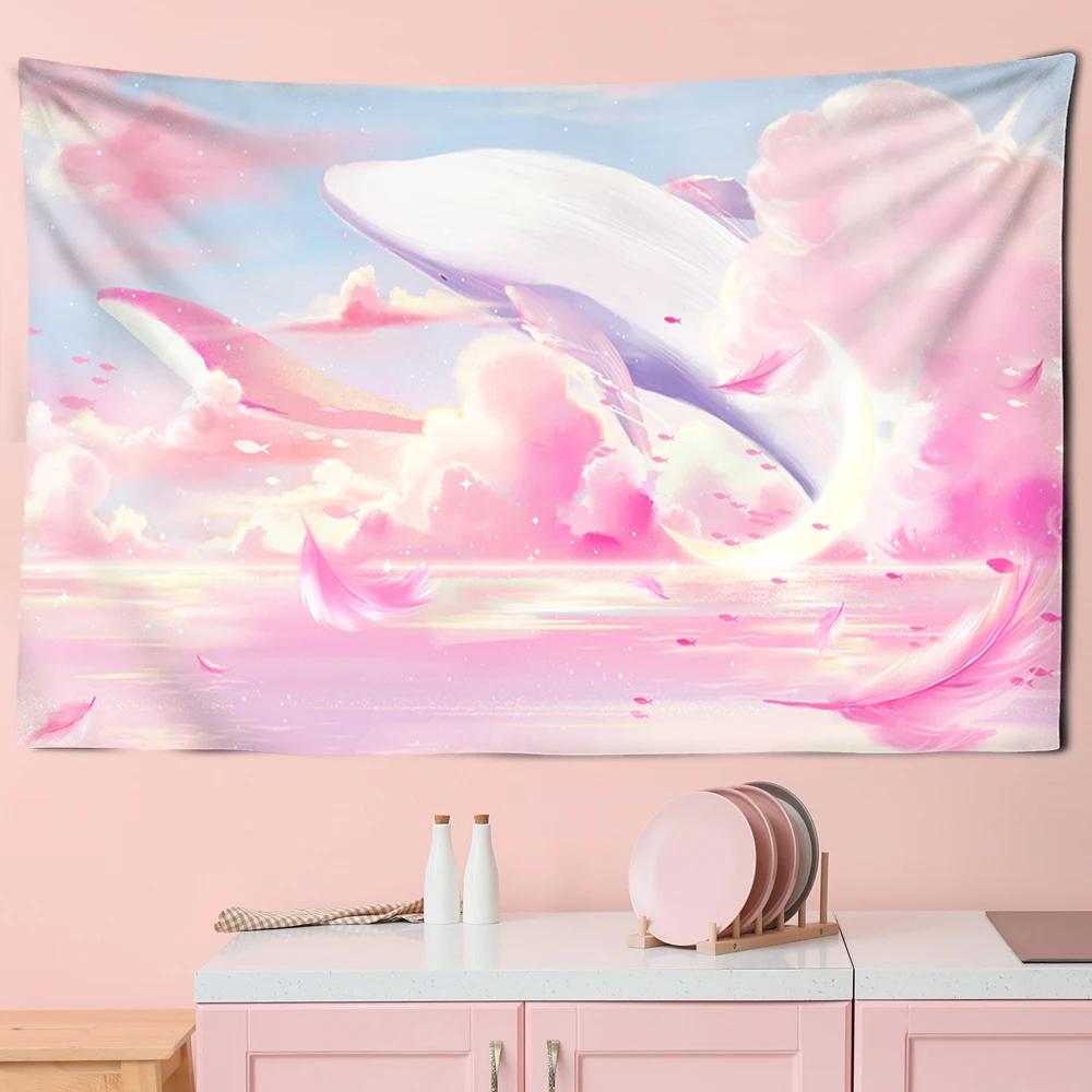 Tapestry Aesthetics Cartoon  Sky Dolphin  Pink Purple Cloud  Bedroom Wall Home Decoration