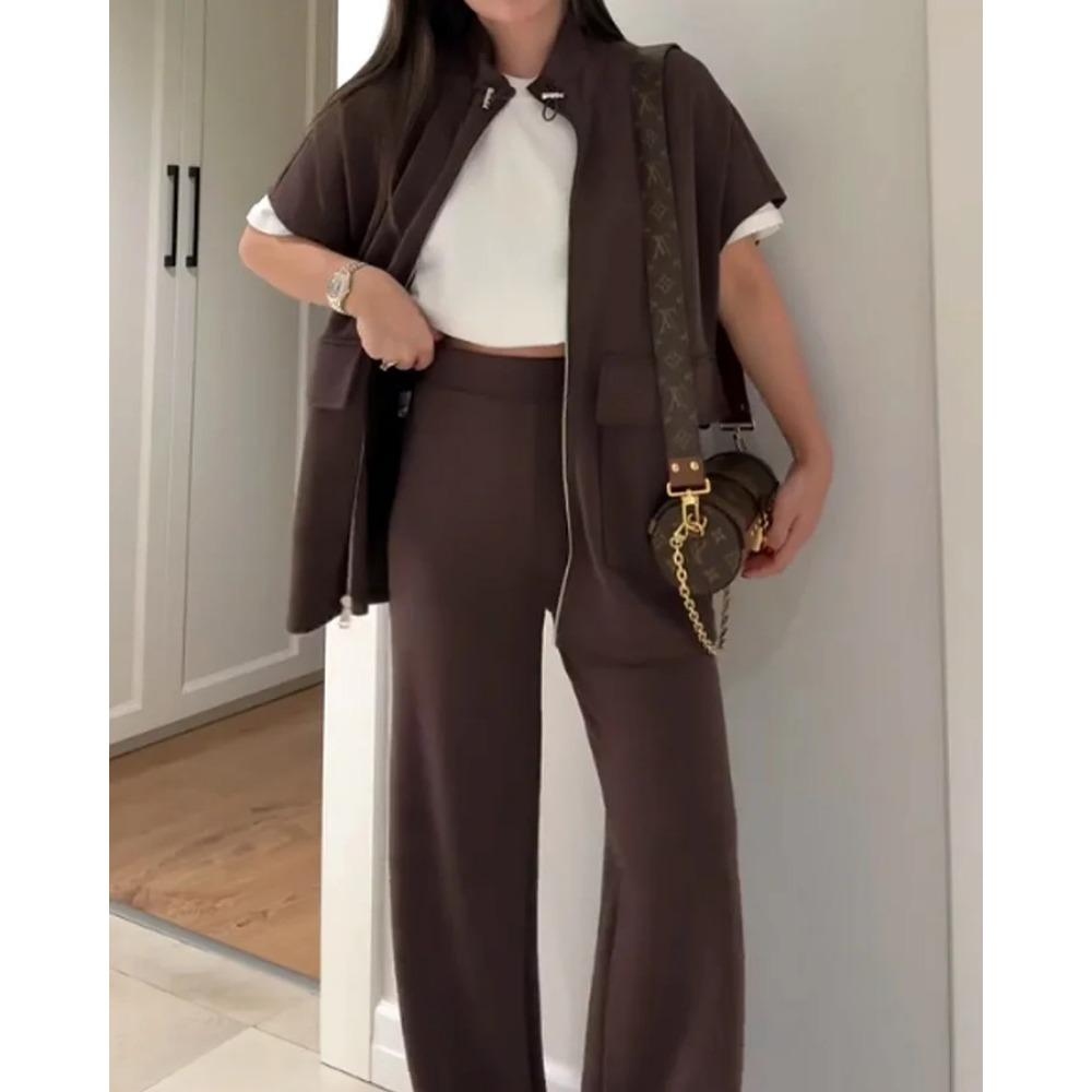 New Women's Autumn and Summer Solid-color Casual Loose Pocket Sweatshirt Straight-leg Pants Set