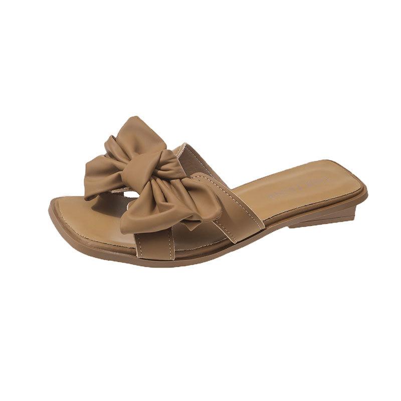 One-word sandals seaside vacation beach shoes women's summer wear 2025 new skirt fairy style bow slippers