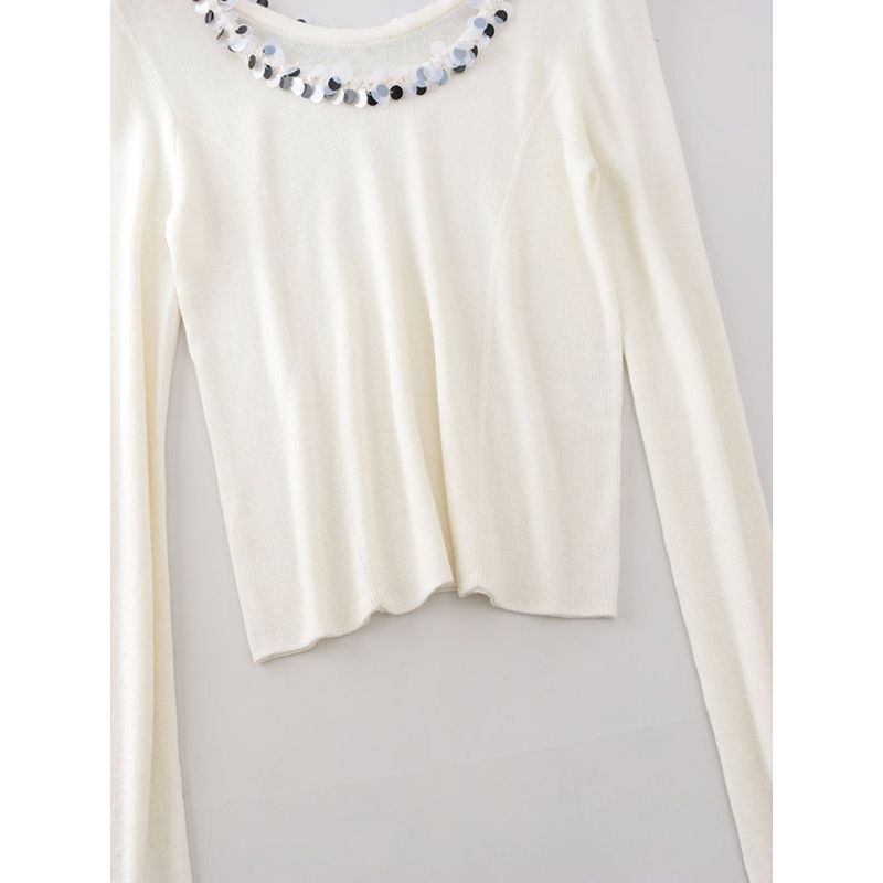 Scale Sequin Large round Neck Long Sleeves Thin Knitwear Six Wool Pure Color Silm Pullover Clavicle Top Women