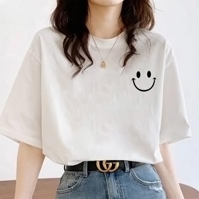 Sommer Damen Reine Baumwolle Lose Kurzarm Damen T-Shirt Rundhals Bedrucktes Oberteil Damen Unterhemd