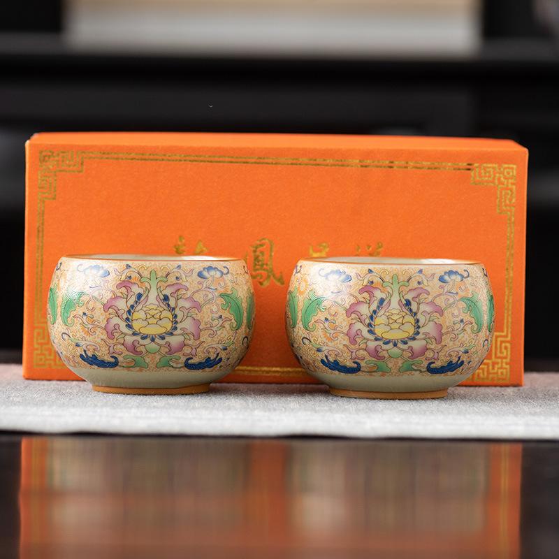 Enamel full color yellow Ru kiln master cup retro high-end tea cup tea bowl light luxury gift box business souvenir