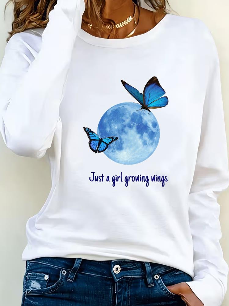 (Asian Size) Lovely Butterfly Style Print T Shirt Tee Women Clothing Autumn Winter Spring Casual Fashion Top O-neck Graphic Long Sleeve T-shirts