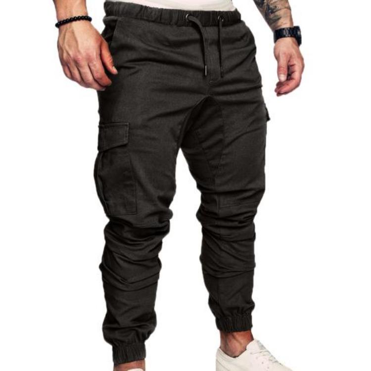 Skinny Cargo Pants Casual Men Solid Color Drawstring Waist Ankle Tied Pockets
