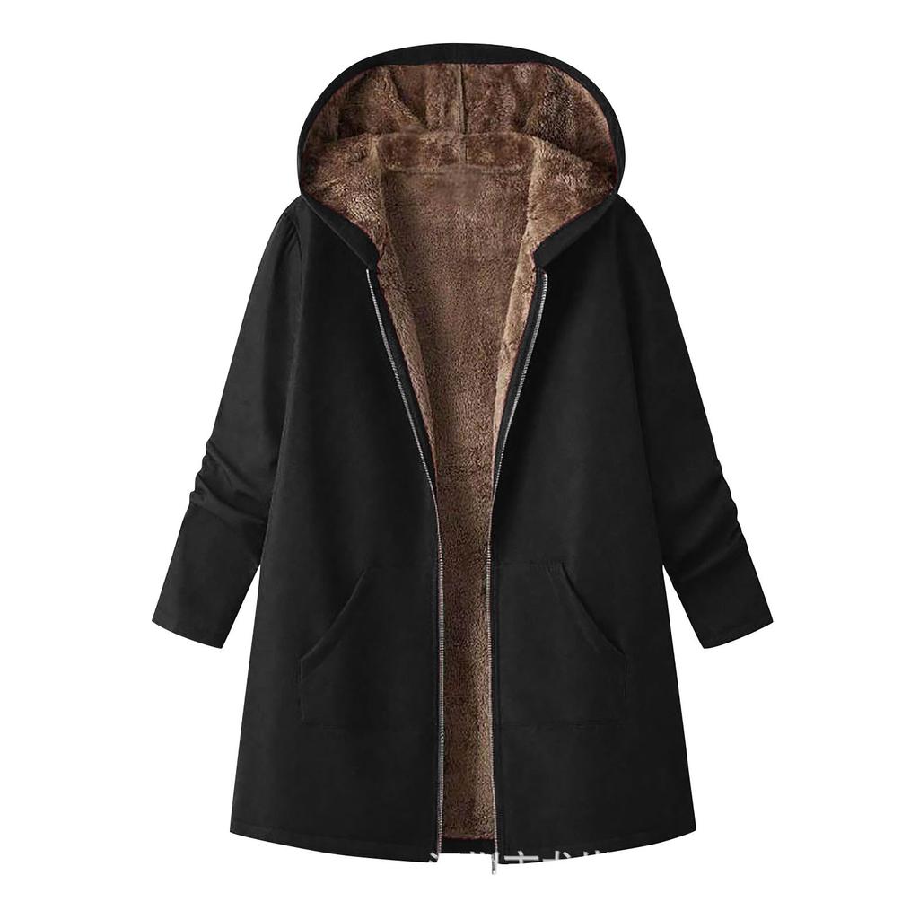 Women's Fleece Hooded Sweatshirt Print Trench Coat Thick Warm Top