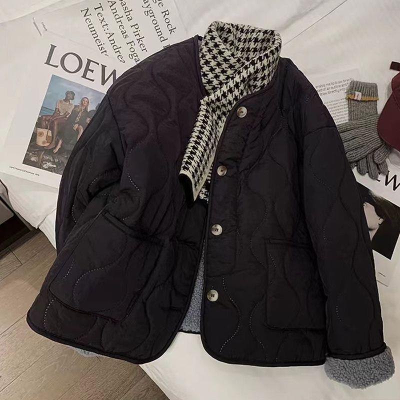 Zimní bunda nadměrné velikosti 2025 z jehněčí vlny s bavlněnou výplní - Korejský styl, Silná s kulatým výstřihem