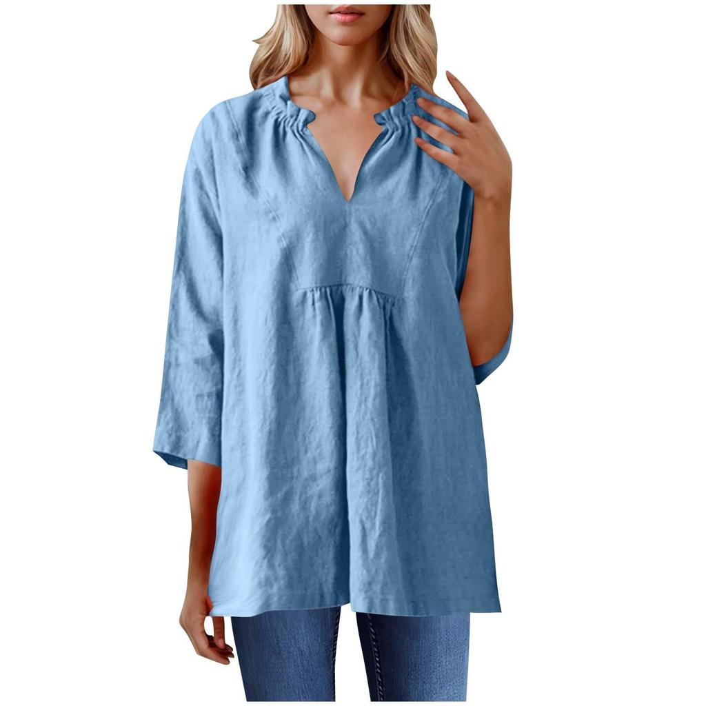 Women's Casual Loose Cotton Linen Solid Color Seven Quarter Sleeve Pleated V-Neck Shirt Top