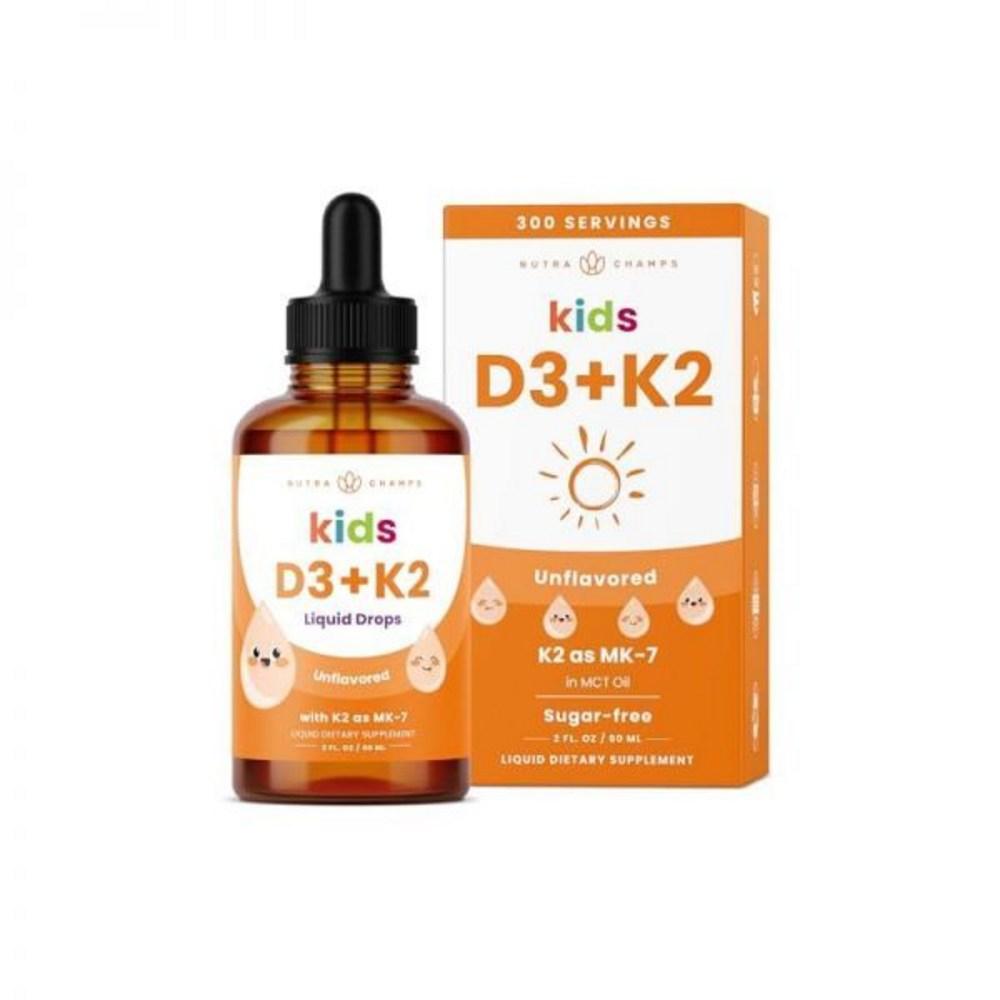 NutraChamps Children's Vitamin D 3 K2 Drops D3 and MK7 Liquid 1000 U for Children Healthy Bones Heart Immune System Sugar-Free Supplement for Infants