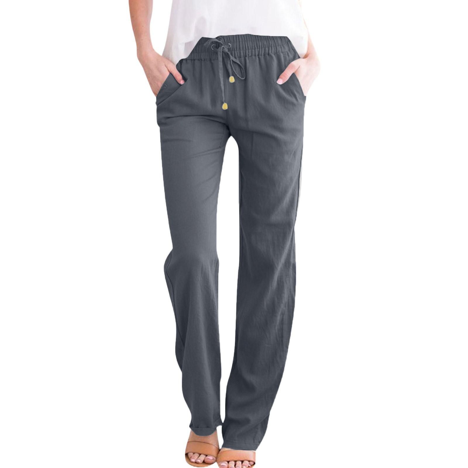 

Женские повседневные хлопковые и льняные однотонные длинные прямые брюки с эластичной резинкой на талии L