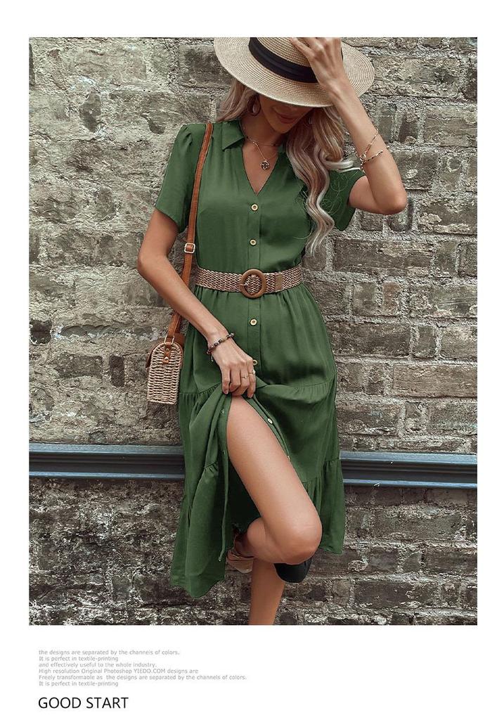 Europäisches und Amerikanisches Sommer Lässiges Mittellanges Hemdblusenkleid für Damen