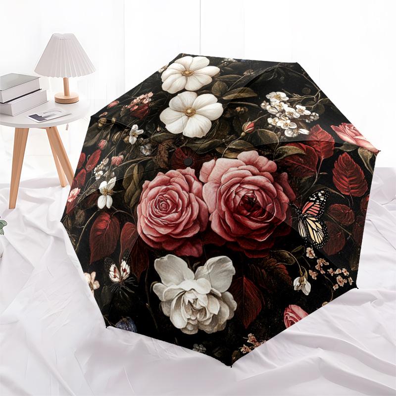 1 PC Automatic Folding Umbrella - Roses and Butterflies Pattern, Portable & Foldable Design with 8 Ribs, Christmas Birthday Gifts