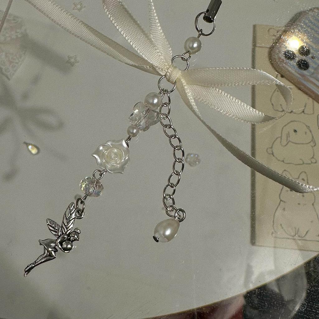 Handmade Rose Flower Phone Chain Angel Pendant Keychain Sweet Cool Bowknot Phone Lanyard Acrylic Keyring Bag Ornament