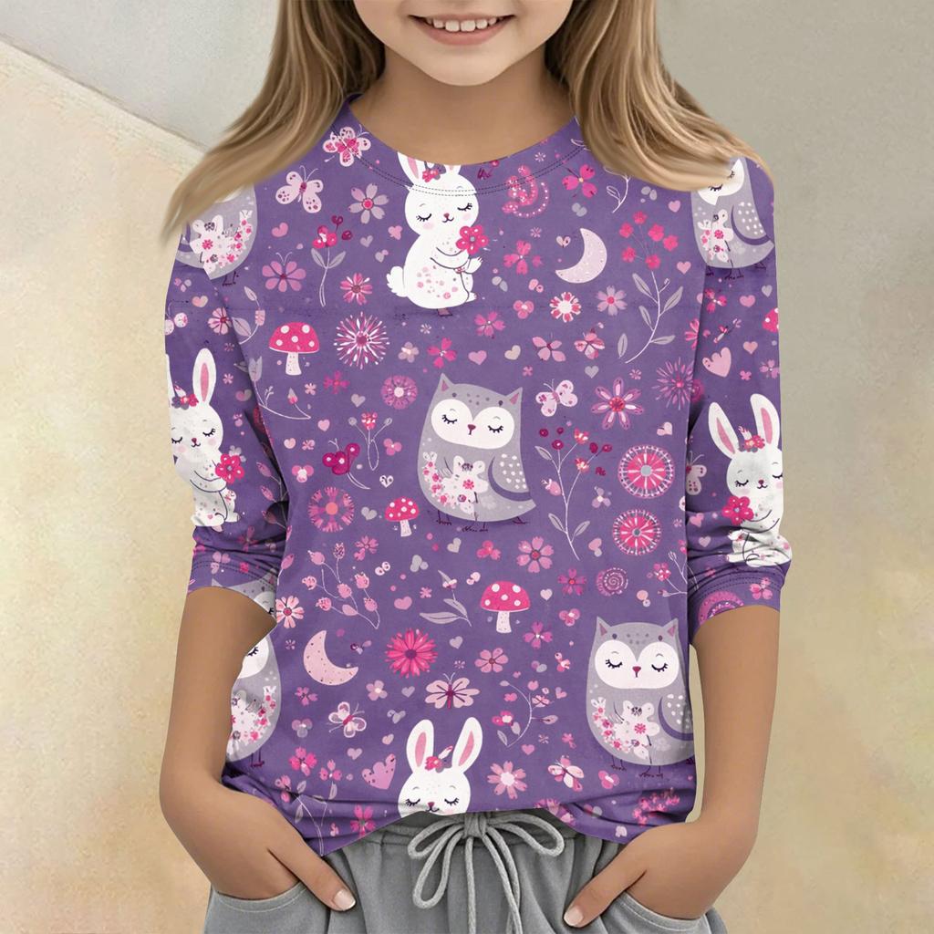 Children's Printed Round Neck Seven Quarter Sleeve Casual T-shirt