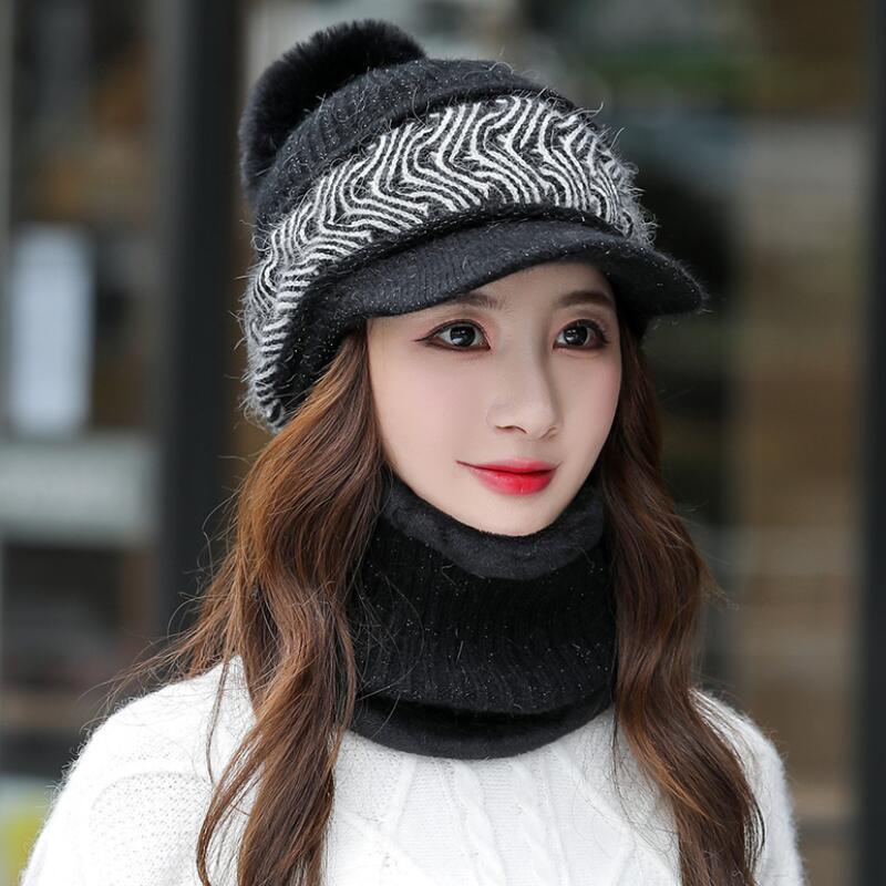 Warm Cable Knit Beanie Hat Visor Brim 