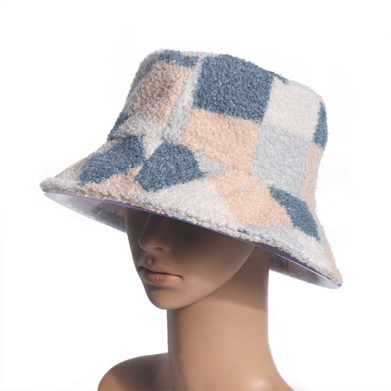 Autumn Adult Bucket Hat Autumn and Winter Women's Japanese Lamb Wool Plaid Basin Hat Travel Warm Plush Hat Tide