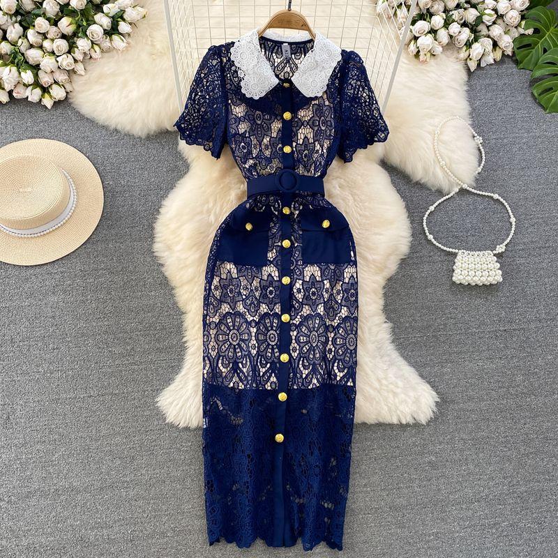 Doll Collar Cut Out Lace Dress Elegant Short Sleeve