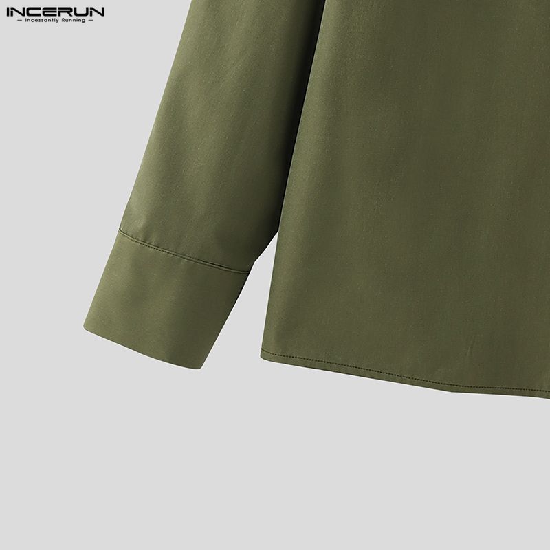 INCERUN Men Lapel Neck Long Sleeve Solid Color Casual Loose Shirts Tops