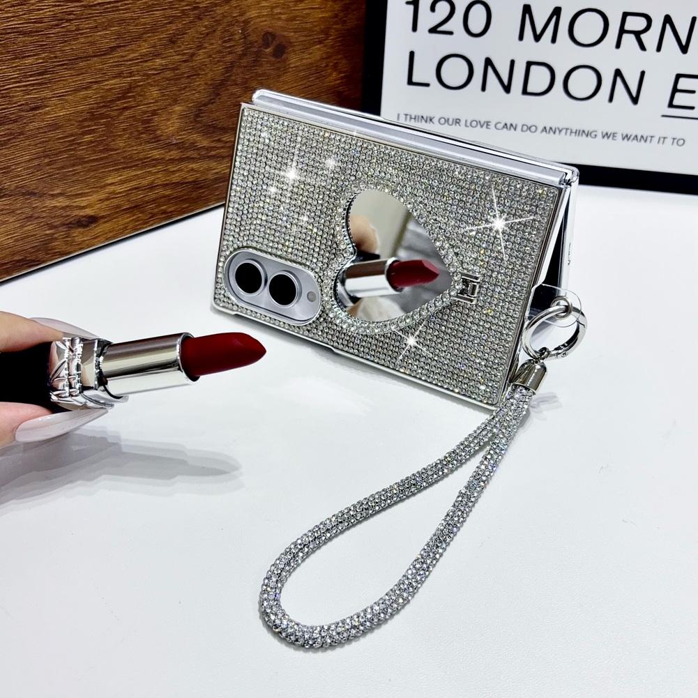 Shiny Rhinestone Heart Mirror Stand Phone Case For Samsung Z Fold 8 Fold8 Ultra Galaxy Z Fold 7 6 5 Plated Frame Glitter Cover